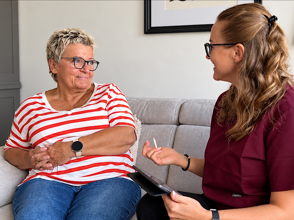 Eine Pflegefachkraft berät eine Kundin bei ihr zu Hause auf dem Sofa